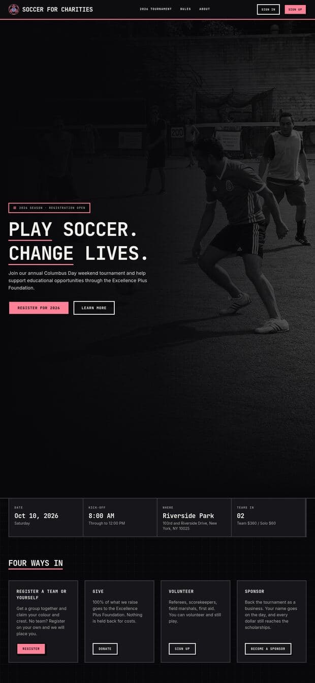 Soccer for Charities, as it appears on the web